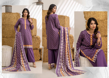 Purple Printed Khaddar 3-Piece Unstitched Suit