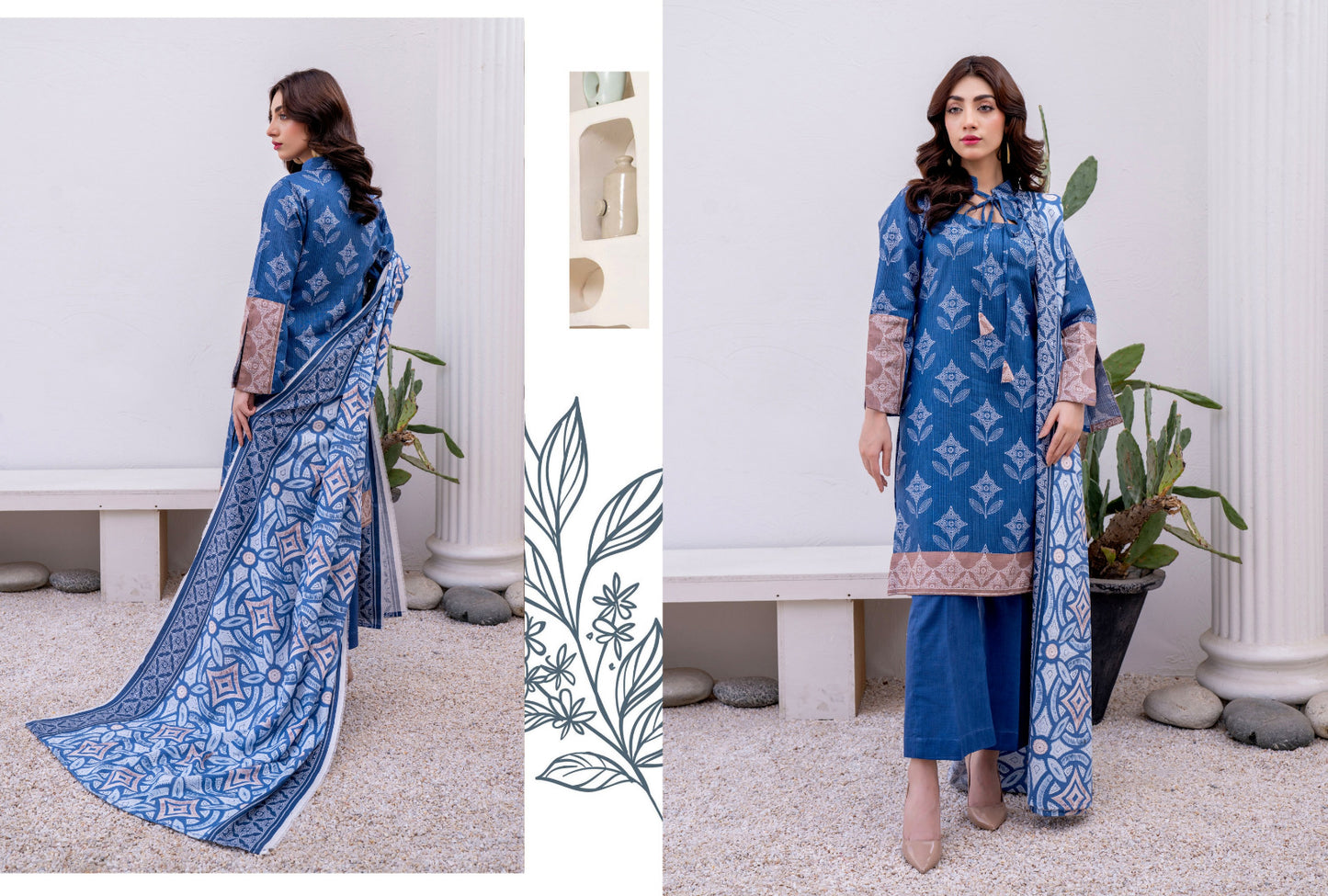 Blue Karandi Printed 3-Piece Unstitched Suit