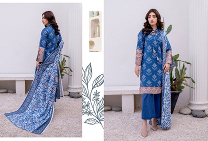 Blue Karandi Printed 3-Piece Unstitched Suit