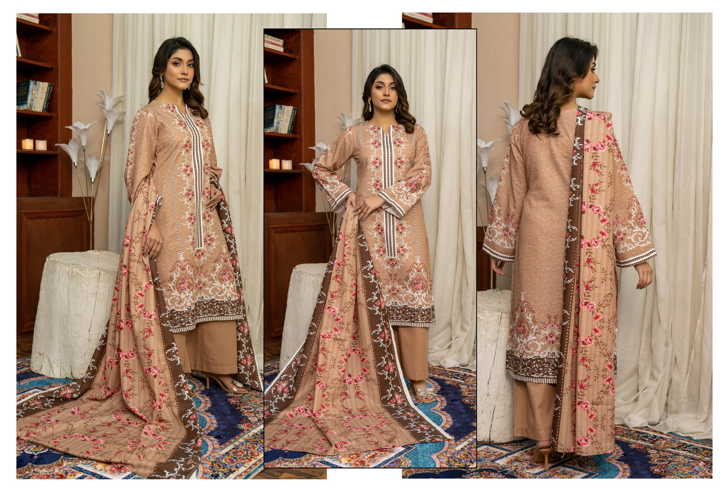 Beige Embroidered Kotry 3-Piece Suit