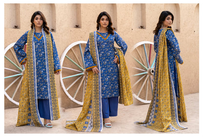 Deep Blue Floral Printed Kotry 3-Piece Suit