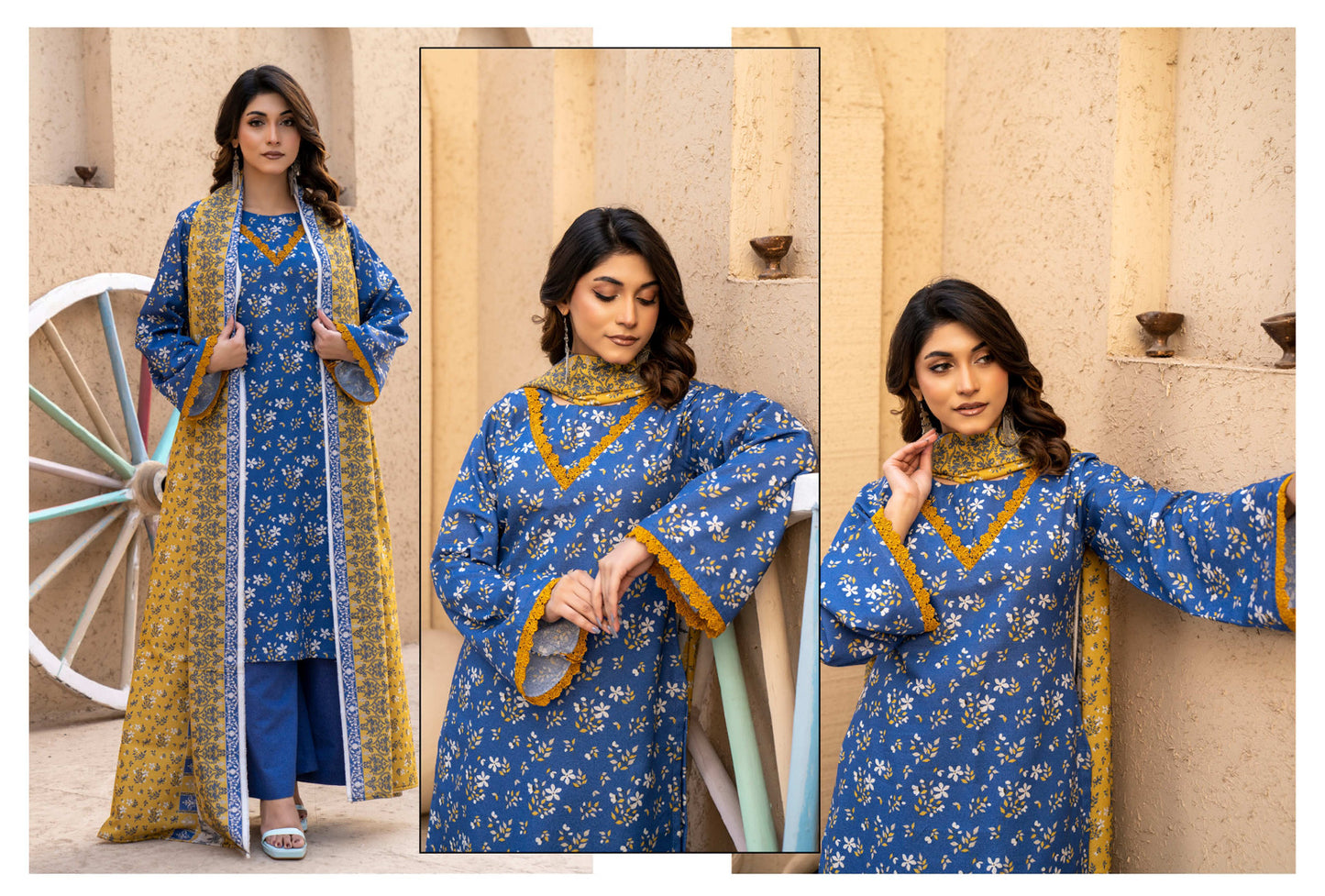 Deep Blue Floral Printed Kotry 3-Piece Suit