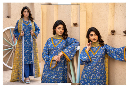 Deep Blue Floral Printed Kotry 3-Piece Suit