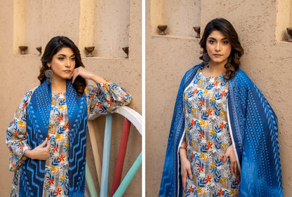 Light Grey Floral Printed Kotry 3-Piece Suit