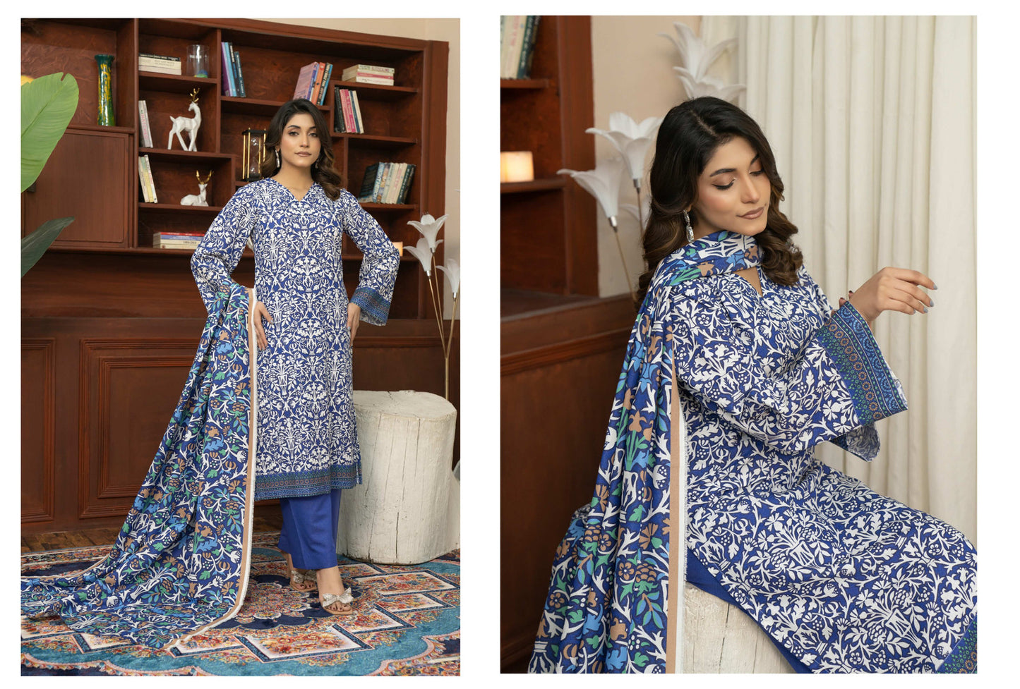 Blue Ethnic Printed Kotry 3-Piece Suit