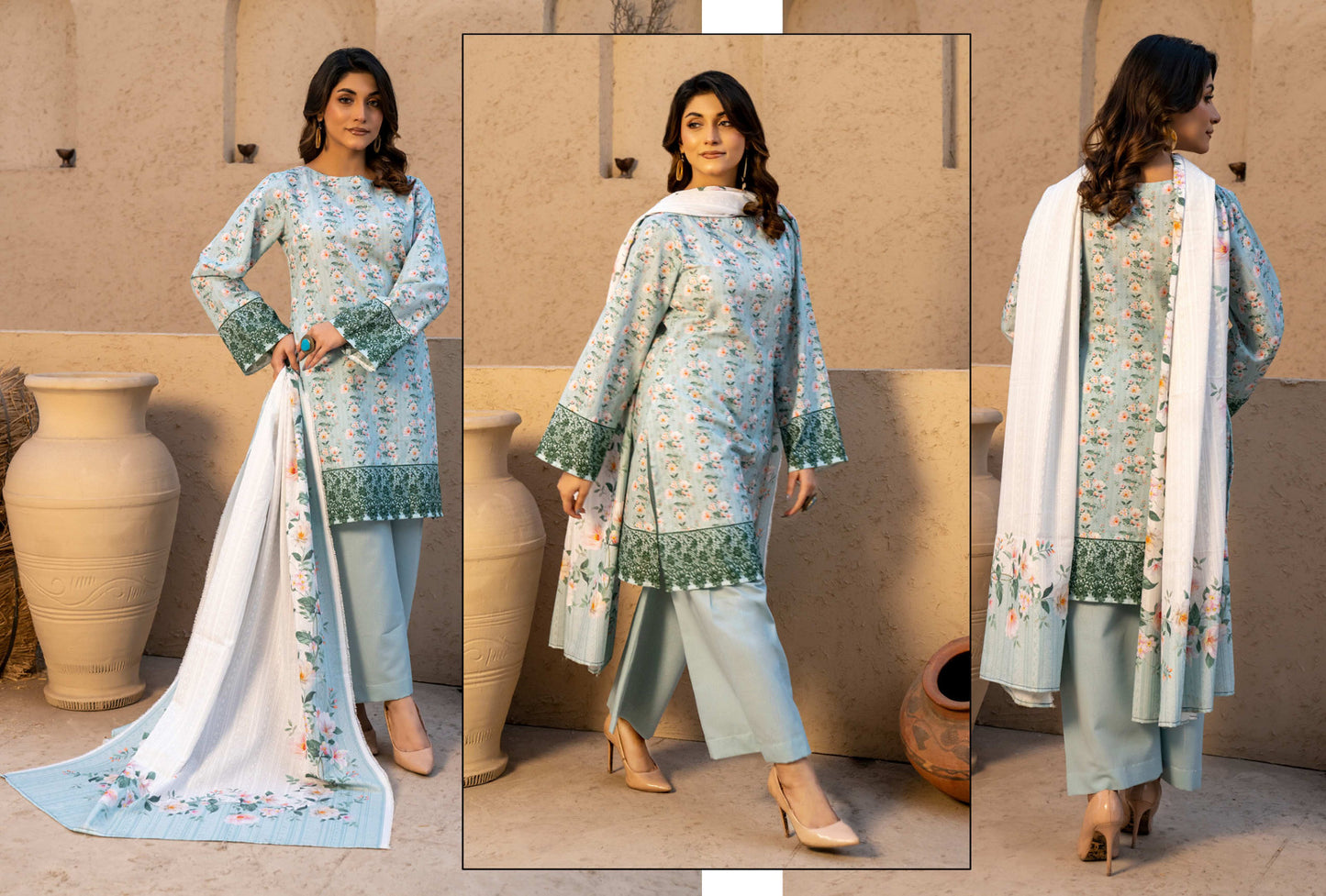 Pastel Blue Floral Printed Kotry 3-Piece Suit