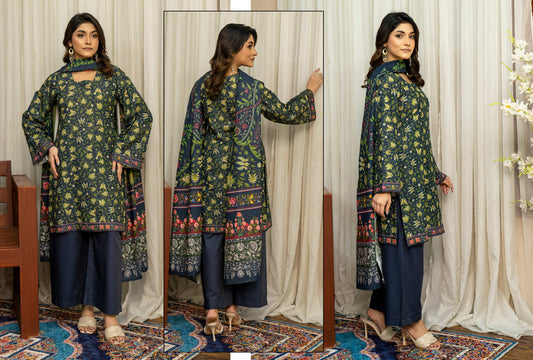 Dark Green Printed Kotry 3-Piece Suit