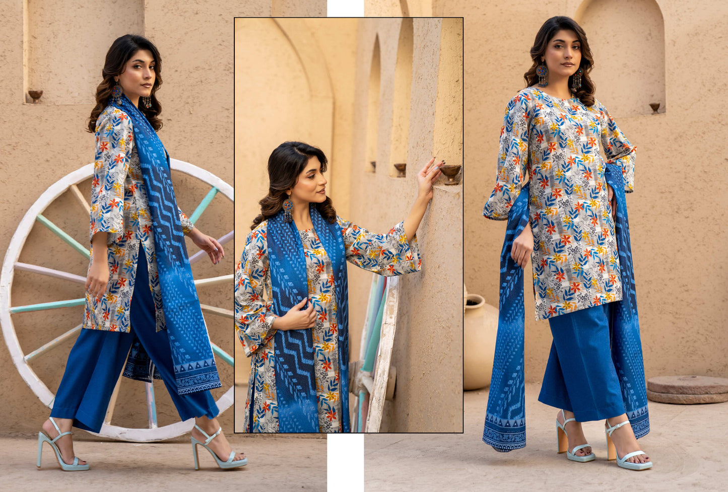 Light Grey Floral Printed Kotry 3-Piece Suit