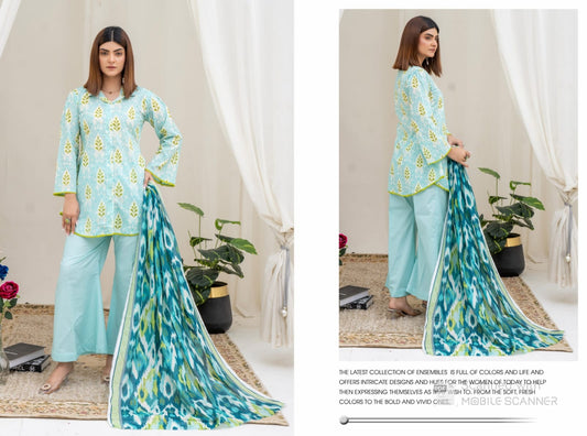 Turquoise and Green Digital Print 3-Piece Lawn Suit with Bold Printed Dupatta