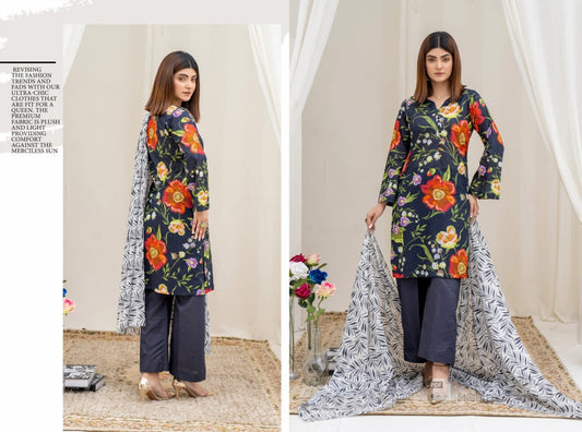 Midnight Blue Floral Digital Print 3-Piece Lawn Suit with Black & White Dupatta