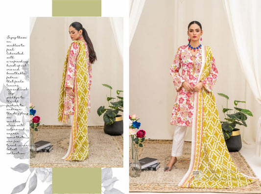 Floral Pink and Yellow Digital Print 3-Piece Lawn Suit with Bold Dupatta