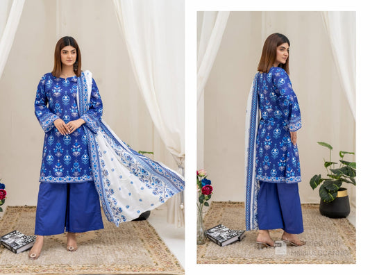 Royal Blue Floral Digital Print 3-Piece Lawn Suit with White Dupatta