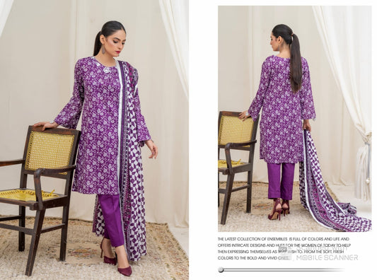 Purple Floral Digital Print 3-Piece Lawn Suit with Geometric Dupatta