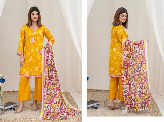 Yellow Floral Digital Print 3-Piece Lawn Suit with Vibrant Printed Dupatta