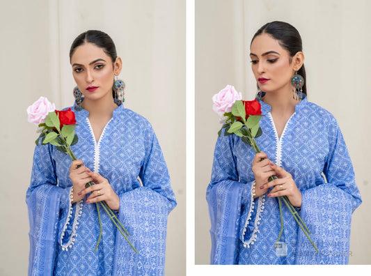 Sky Blue Digital Print 3-Piece Lawn Suit with Matching Dupatta