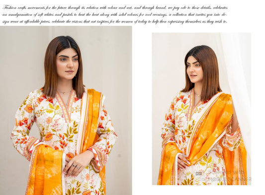 Floral White and Orange Digital Print 3-Piece Lawn Suit with Vibrant Orange Dupatta