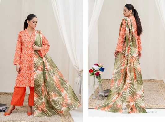 Coral Orange Floral Digital Print 3-Piece Lawn Suit with Vivid Green Dupatta