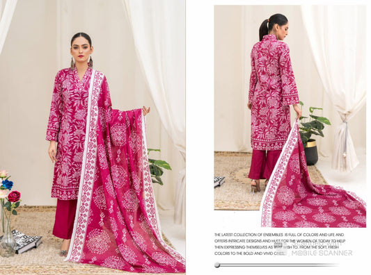 Magenta Floral Digital Print 3-Piece Lawn Suit with Vail Dupatta