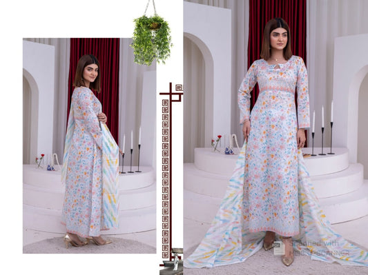 Floral Pastel Lawn Unstitched 3-Piece Suit with Multicolor Dupatta