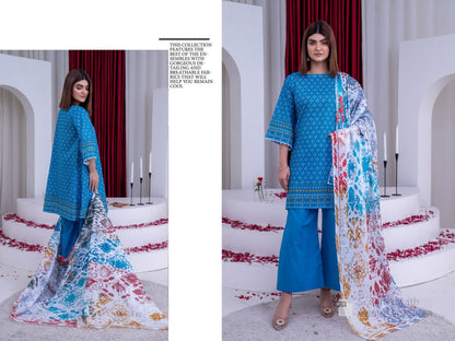 Blue Printed Lawn Unstitched 3-Piece Suit
