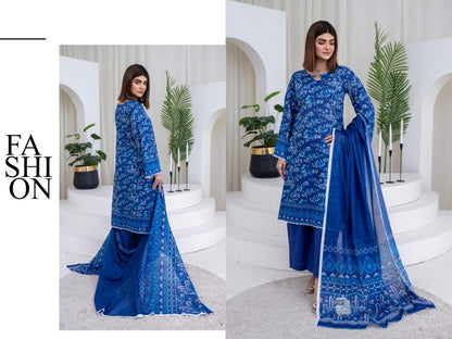 Blue Printed Lawn 3-Piece Unstitched Suit