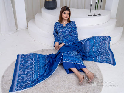 Blue Printed Lawn 3-Piece Unstitched Suit