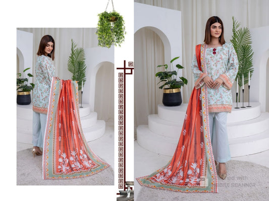 Floral Printed Lawn Unstitched 3-Piece Suit – Soft Mint