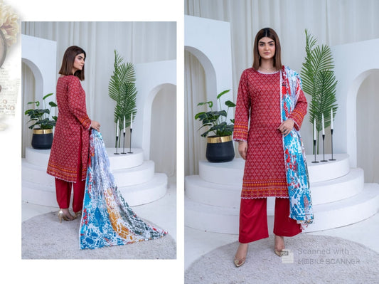 Red Printed Lawn 3-Piece Unstitched Suit with Colorful Dupatta