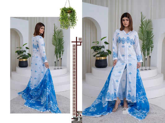 Blue and White Digital Print 3-Piece Lawn Suit with Floral Dupatta