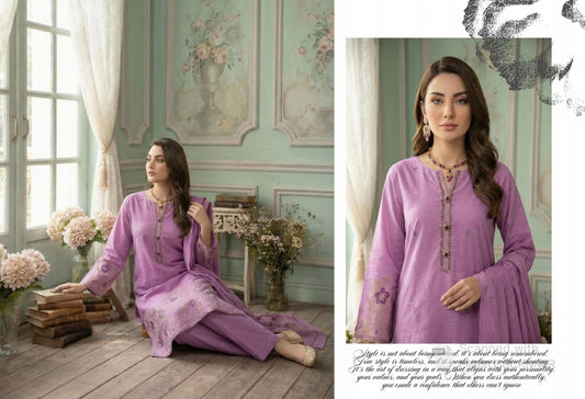 Soft Lavender with Deep Purple Accents Bana Dora Unstitched 3-Piece Suit