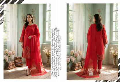 Vibrant Red with Golden Accents Bana Dora Unstitched 3-Piece Suit