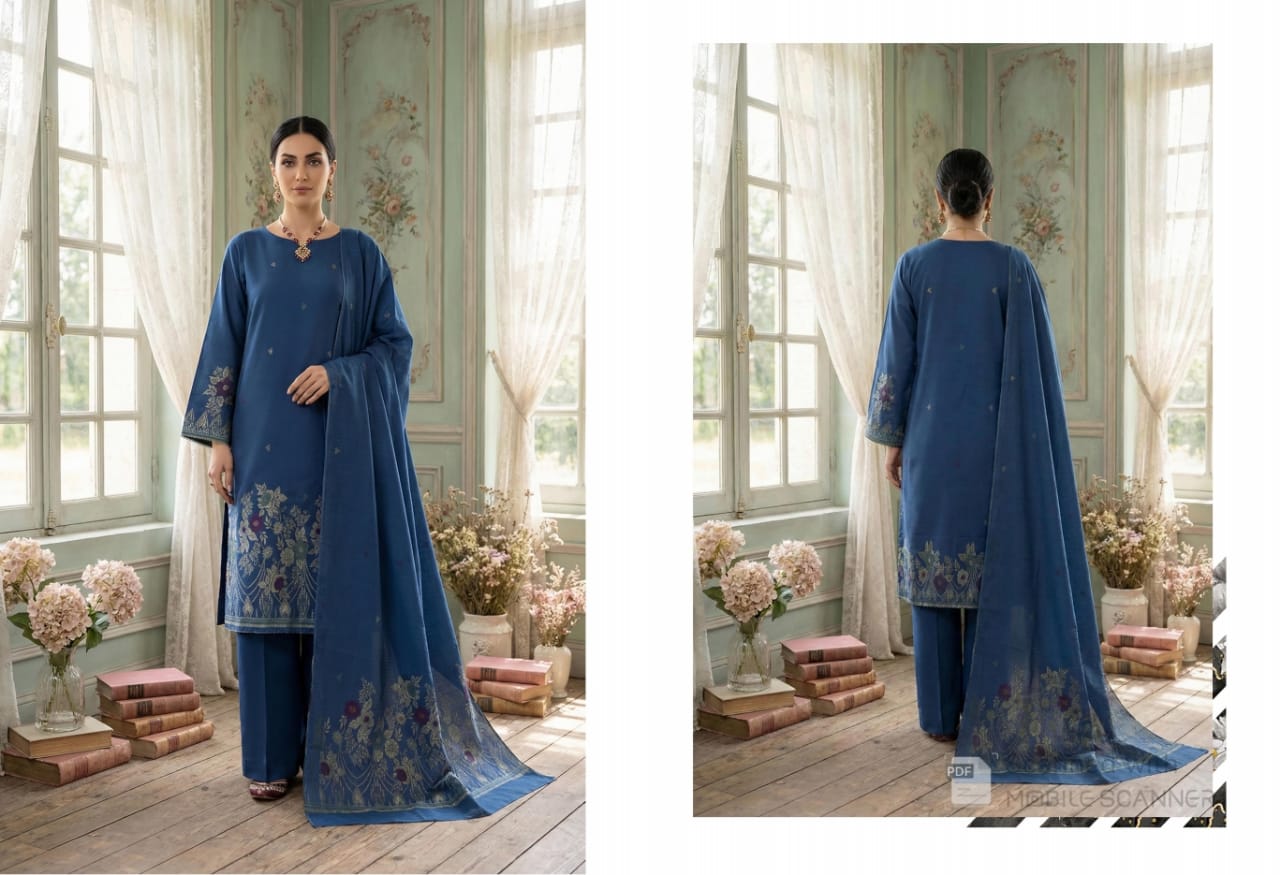 Prussian Blue with Multi-Color Floral Bana Dora Unstitched 3-Piece Suit