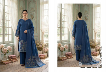 Prussian Blue with Multi-Color Floral Bana Dora Unstitched 3-Piece Suit