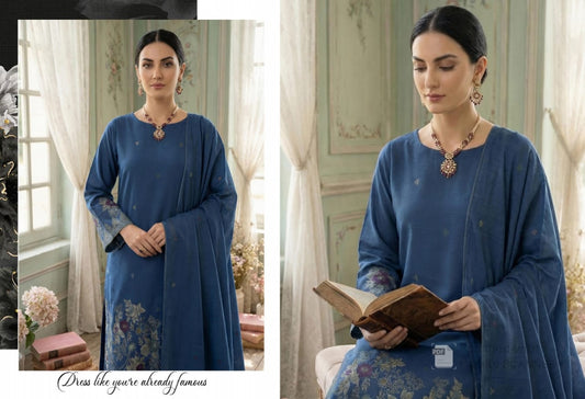 Prussian Blue with Multi-Color Floral Bana Dora Unstitched 3-Piece Suit