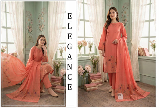 Peach Salmon with Floral Bana Dora Unstitched 3-Piece Suit