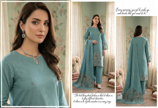 Seafoam Green with Pastel Floral  Bana Dora Unstitched 3-Piece Suit