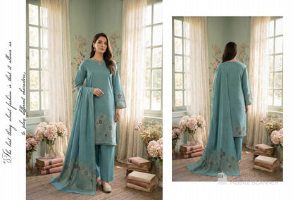 Seafoam Green with Pastel Floral  Bana Dora Unstitched 3-Piece Suit