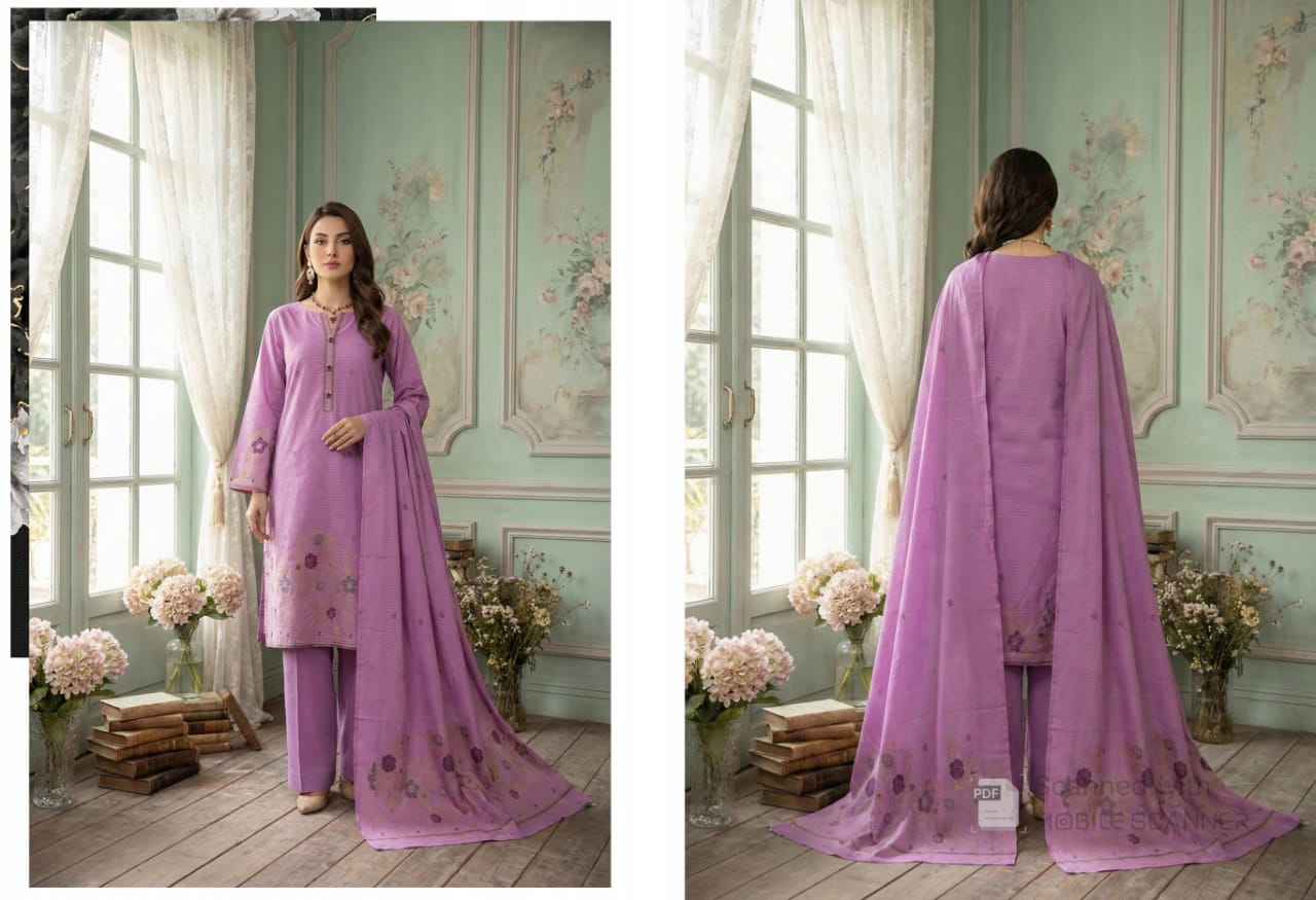 Soft Lavender with Deep Purple Accents Bana Dora Unstitched 3-Piece Suit